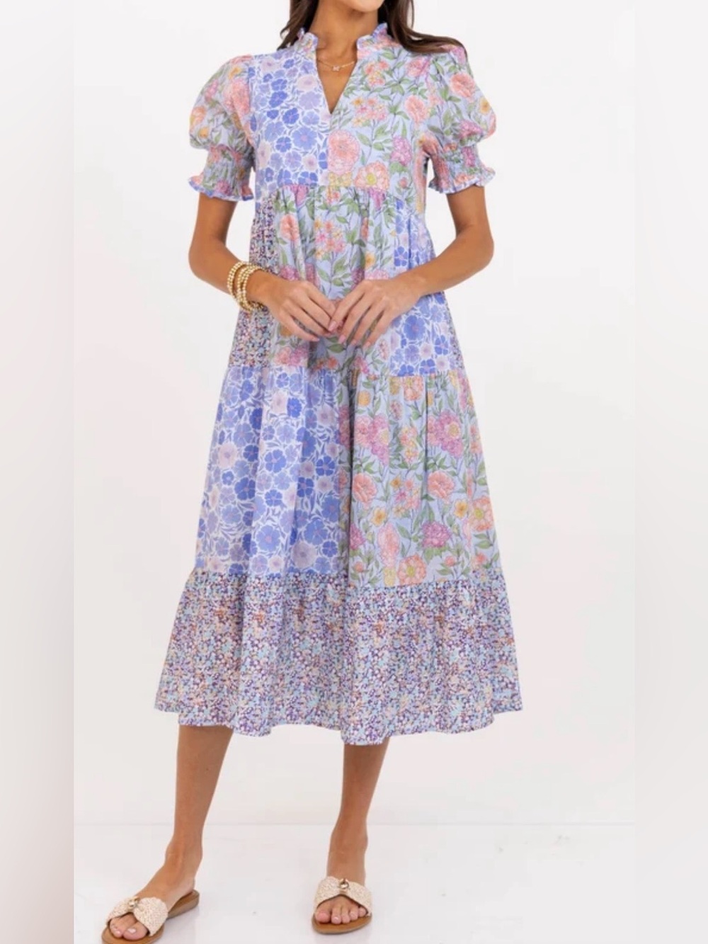🆕#304~GiGio~Patchwork Floral Midi Dress in Blue, Pink, & Multi, Sm - Picture 3 of 16